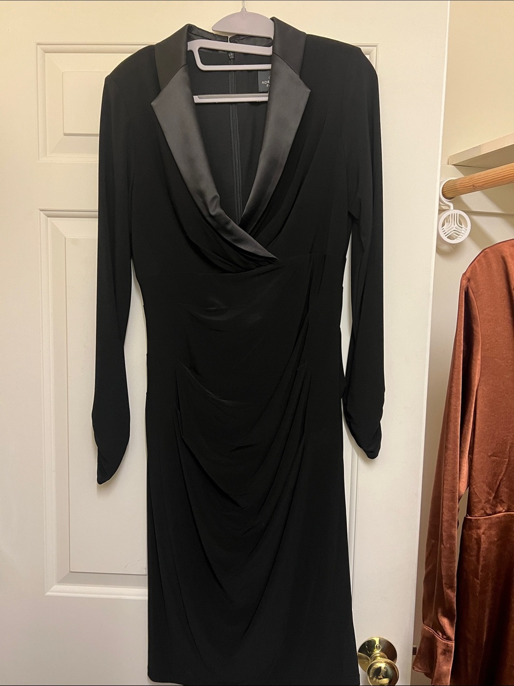 Adrianna Papell Black Draped V-Neck Long Sleeve Dress with Satin Trim